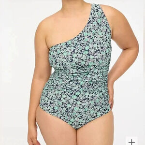 J Crew Bathing suit Green Navy Blue Floral One Shoulder Ruched NWT Size 3x
